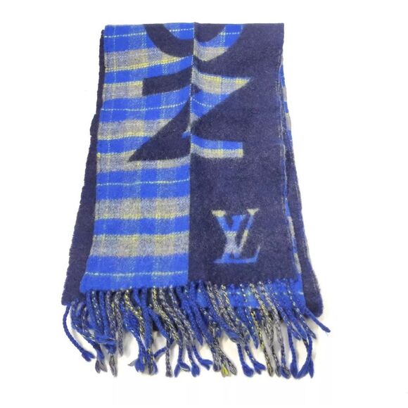 Auth Louis Vuitton Logo Plaid Blues Wool Cashmere scarf - Picture 8 of 10